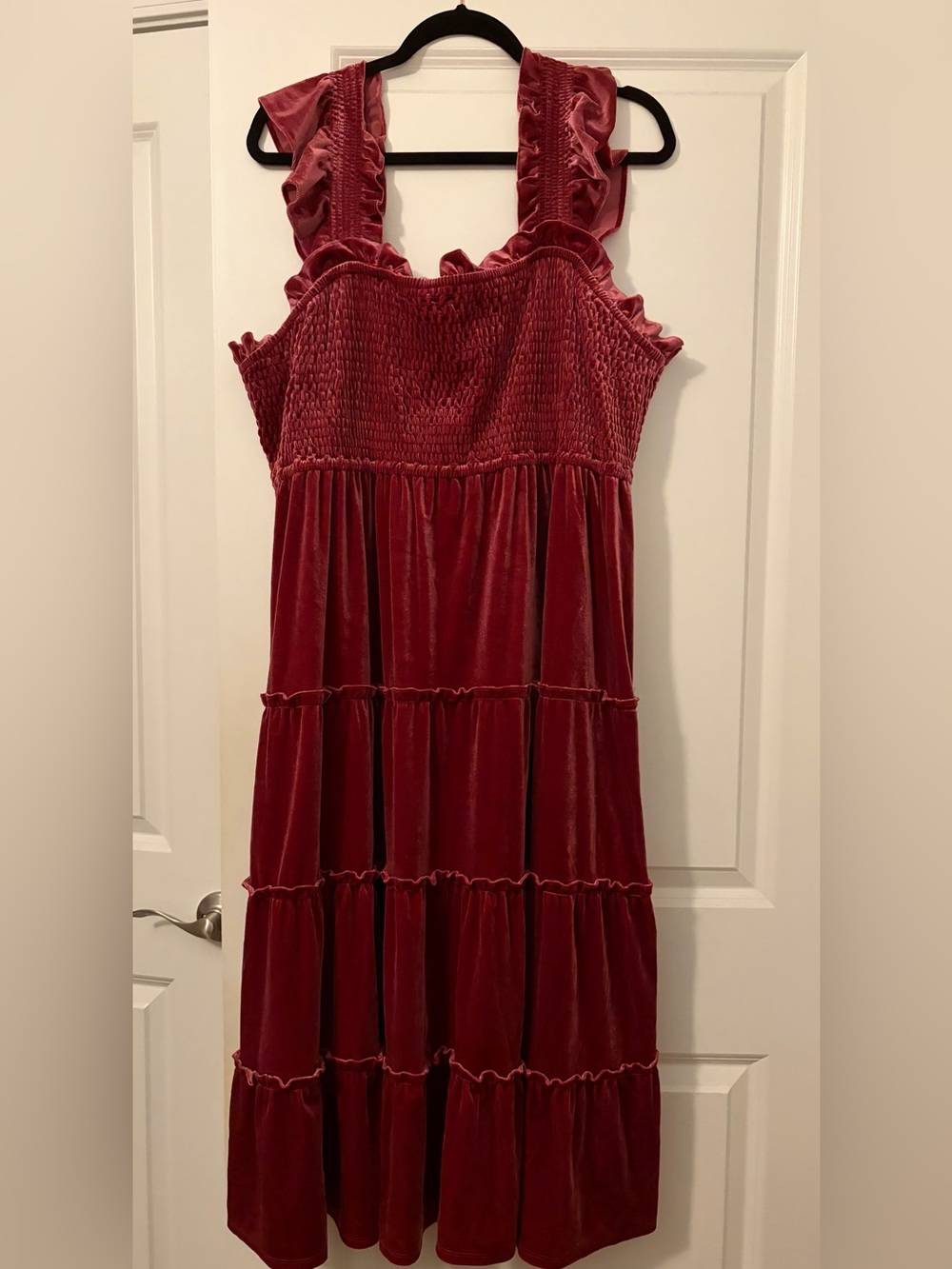 Crown & Ivy Velvet Smocked Tiered Dress in Burgundy